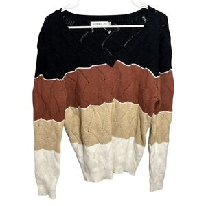 HOOKLZO Women's Colorblock Knit‎ Sweater Size L Black Brown Tan White Pullover